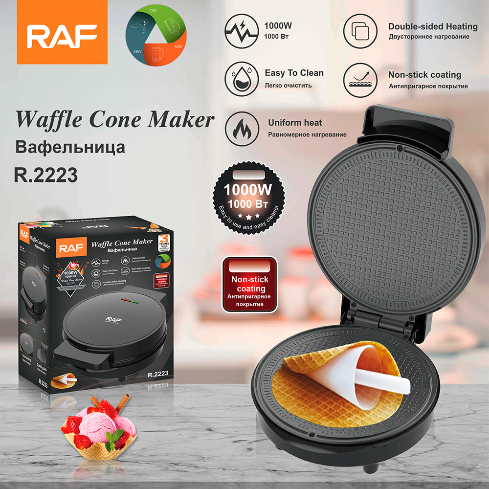 RAF Waffle Cone Maker 1000W — Non-Stick Double-Sided Heating