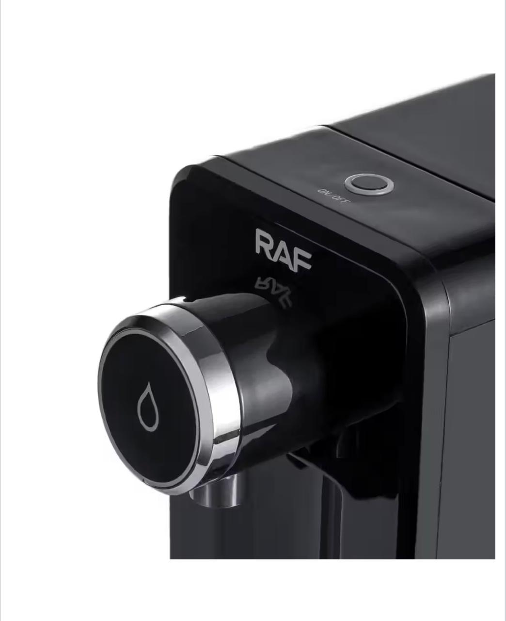 RAF R.11008 Water Dispenser – close-up of green LED water drop button and RAF logo