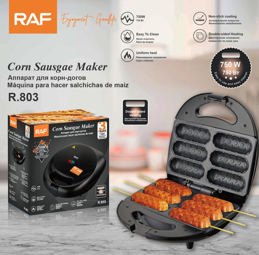 RAF R.803 Corn Sausage Maker product box and open plates with corn sausages