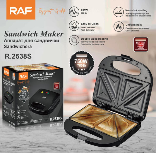 RAF R.2538S Sandwich Maker product box and open plates with toasted sandwiches