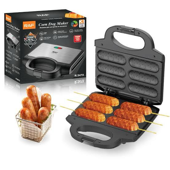 RAF R.547X Corn Dog Maker – with corn dogs in basket and open plates