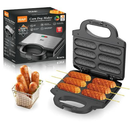 RAF R.547X Corn Dog Maker – with corn dogs in basket and open plates